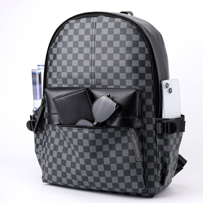 Premium Leather Checked Backpack – Waterproof & Stylish