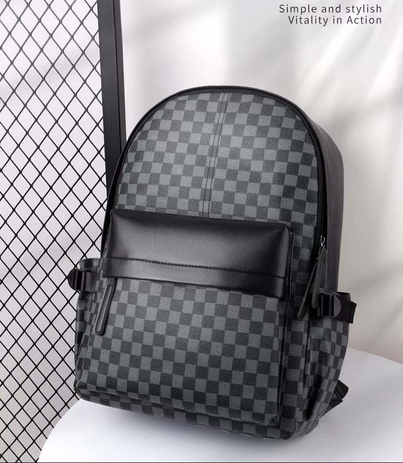 Premium Leather Checked Backpack – Waterproof & Stylish