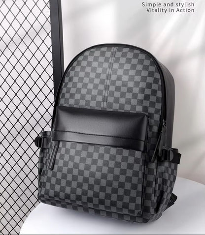 Premium Leather Checked Backpack – Waterproof & Stylish